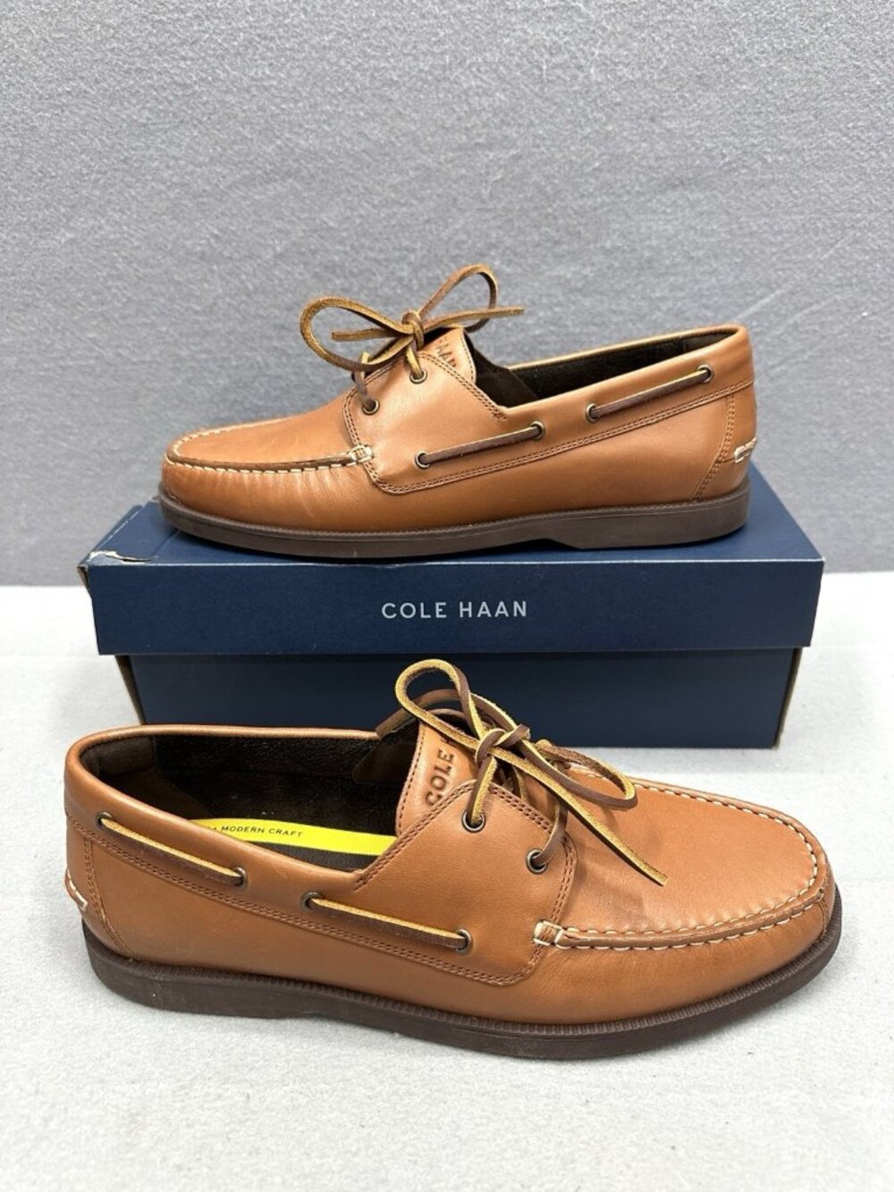 Cole Haan Grand+ Bowside Men 9.5 Boat Shoes Cognac Brown Leather Loafers C42132